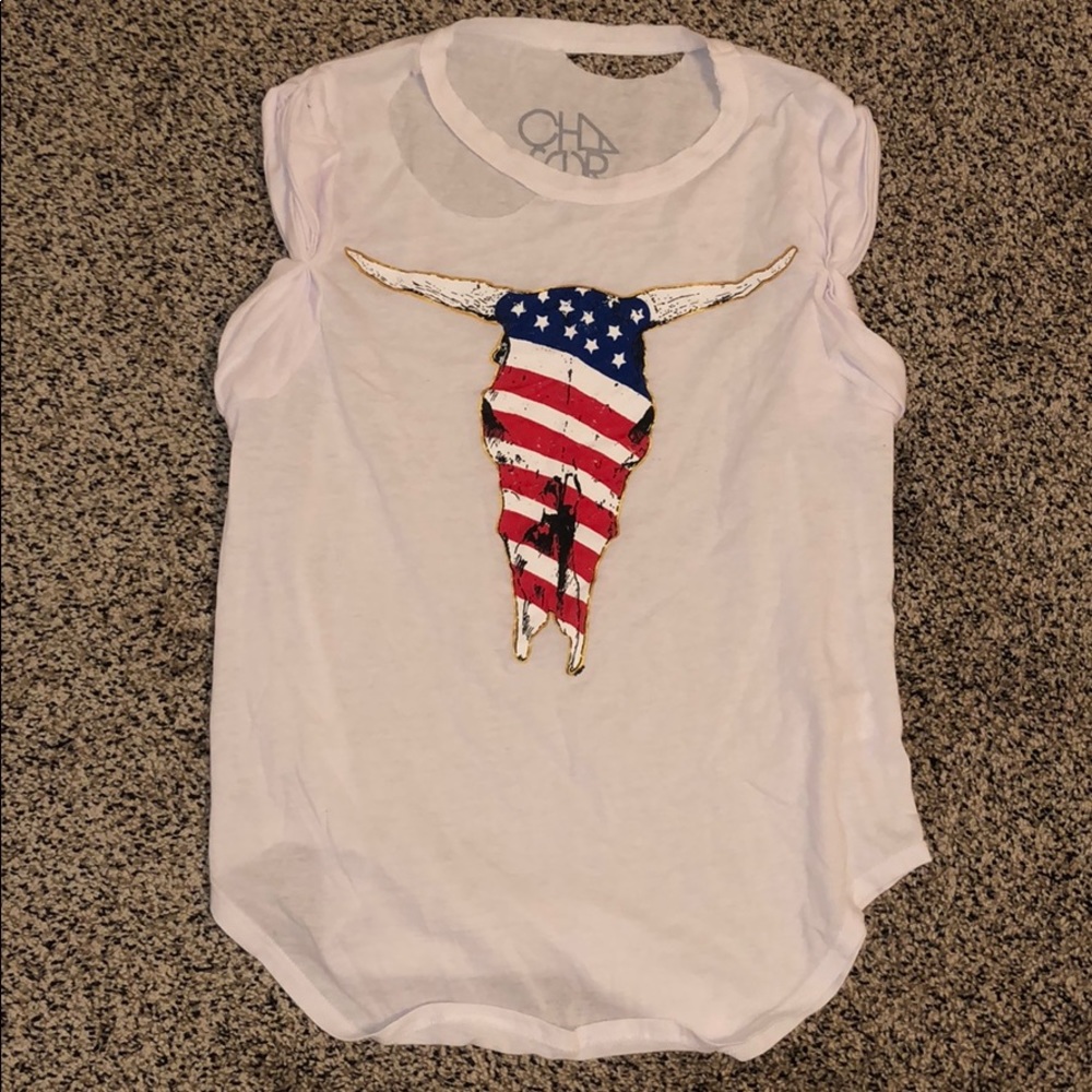 Chaser White Tee with American Flag Bull Design